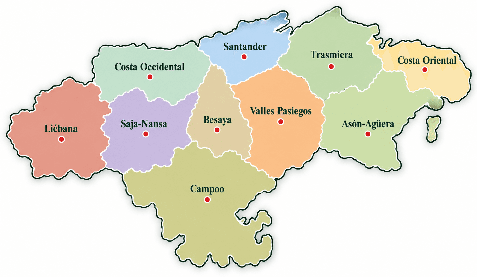 Mapa territorial de las comarcas ganaderas de Cantabria: Liébana, Saja-Nansa, Besaya, Campoo, Valles Pasiegos, Trasmiera, Asón-Agüera, Costa Occidental, Santander y Costa Oriental