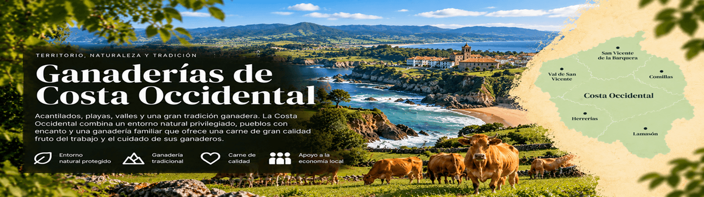 La franja litoral del occidente cantábrico, con prados verdes que llegan al mar y ganadería en régimen semi-extensivo junto a playas y acantilados. Costa Occidental